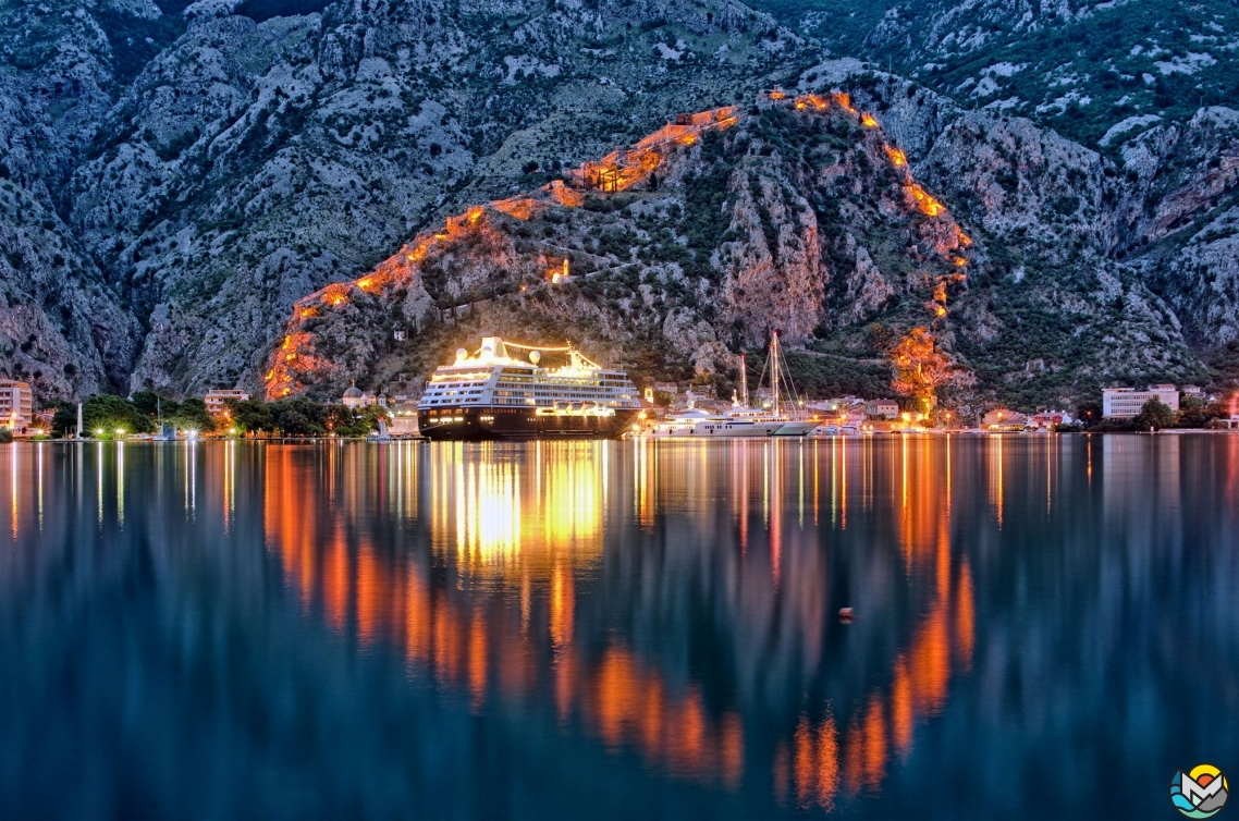 Kotor at night, view from the sea, Montenegro